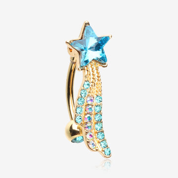 Golden Shooting Star Sparkle Reverse Belly Button Ring-Teal/Aurora Borealis